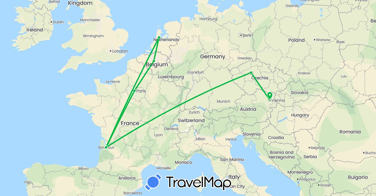 TravelMap itinerary: driving, bus in Austria, Belgium, Czech Republic, Germany, France, Netherlands (Europe)